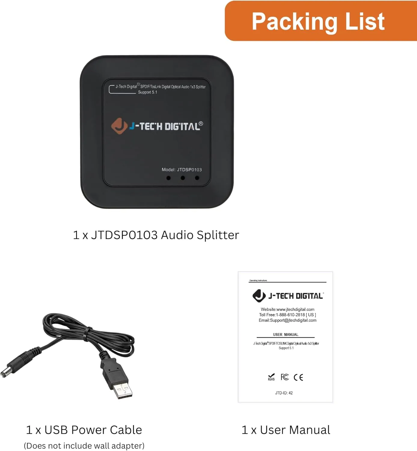 J-Tech Digital Optical Splitter 1 in 3 out for TV, Toslink Splitter 1x3 SPDIF Audio Splitter 1:1 Transmission Support LPCM2.0, DTS, Dolby Digital