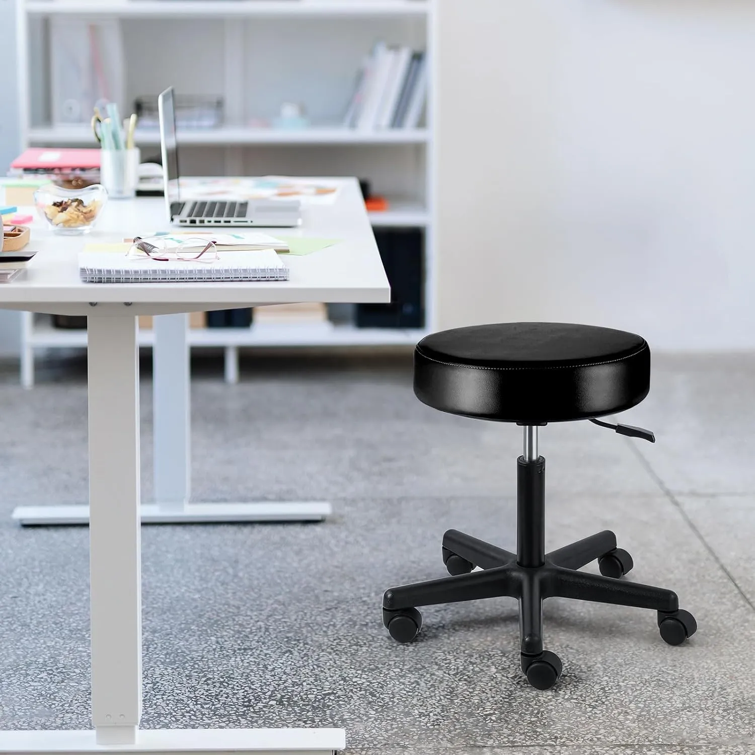 JMU Rolling Stool with Wheels, PVC Leather Large Seat Stool, 400lbs Weight Capacity, Heavy Duty Adjustable Height for Medical Tattoo Office Lab Dentists Healthcare (Black)