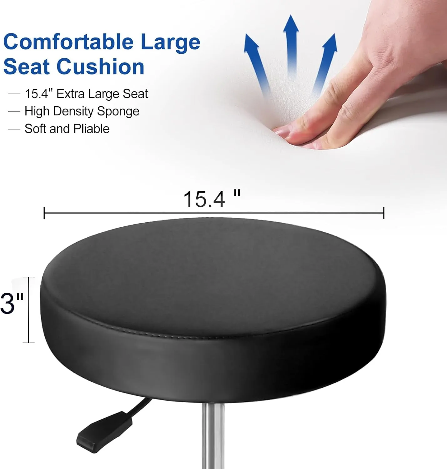 JMU Rolling Stool with Wheels, PVC Leather Large Seat Stool, 400lbs Weight Capacity, Heavy Duty Adjustable Height for Medical Tattoo Office Lab Dentists Healthcare (Black)