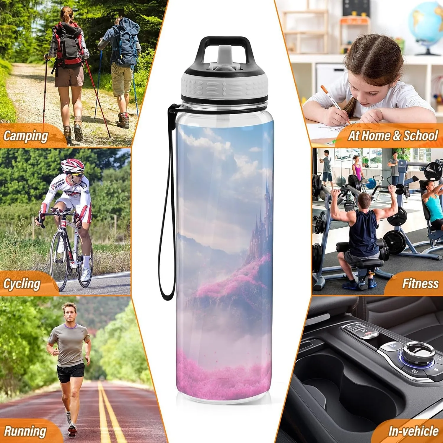 Joisal Castle Meadow Pink 32 Oz Water Bottle Leakproof Reusable Water Bottle for Sports, Cycling, Bike