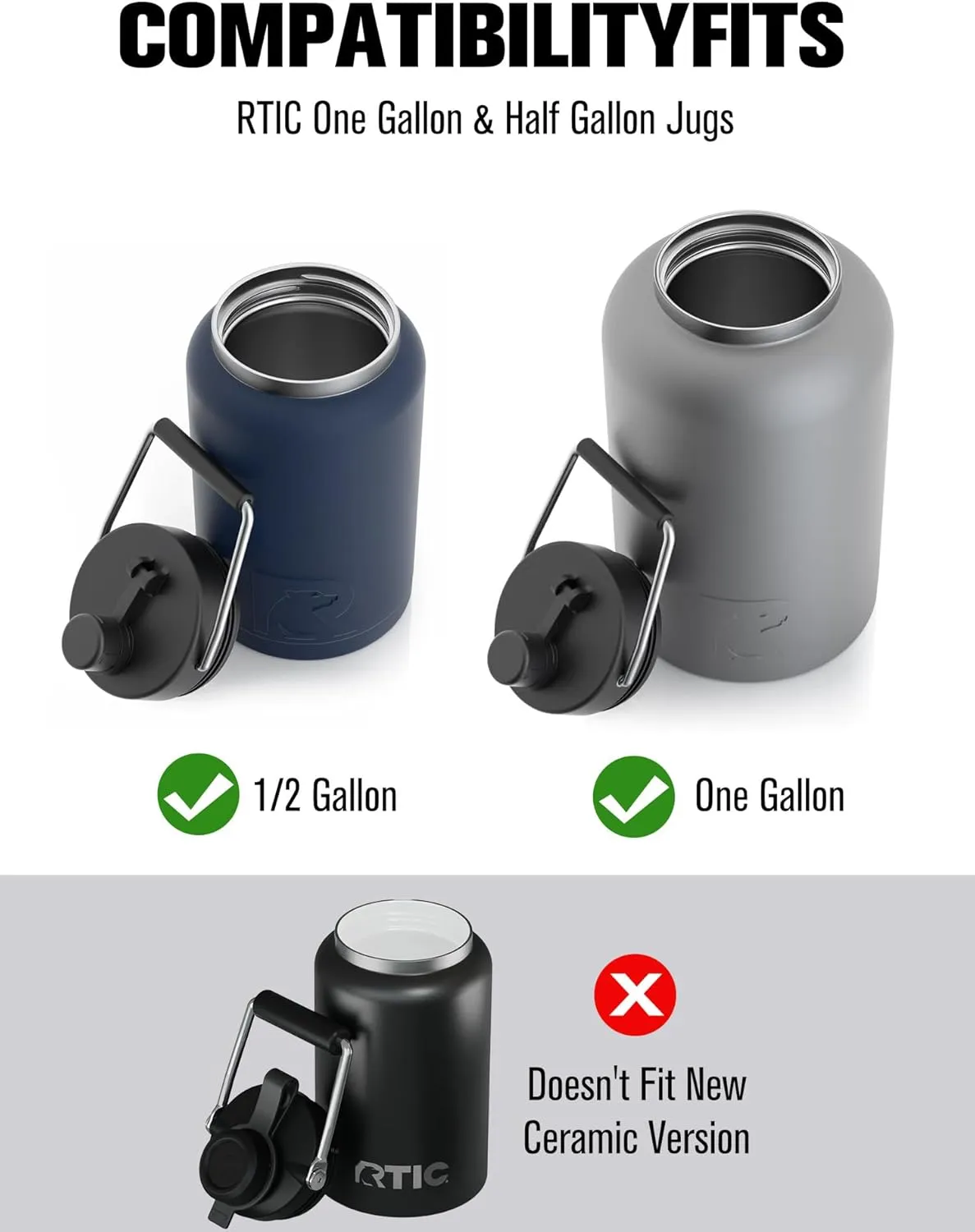Jug Lid for RTIC One Gallon and Half Gallon Jugs - Improved Replacement Lid, BPA Free, Leak-Proof, Wider Rubber Grip Thicker Steel and Better Gasket