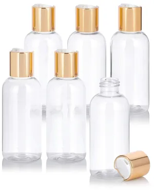 JUVITUS 4 oz / 120 ml Plastic PET Boston Round Bottle (BPA Free) with Gold Disc Cap (6 pack) (Clear)
