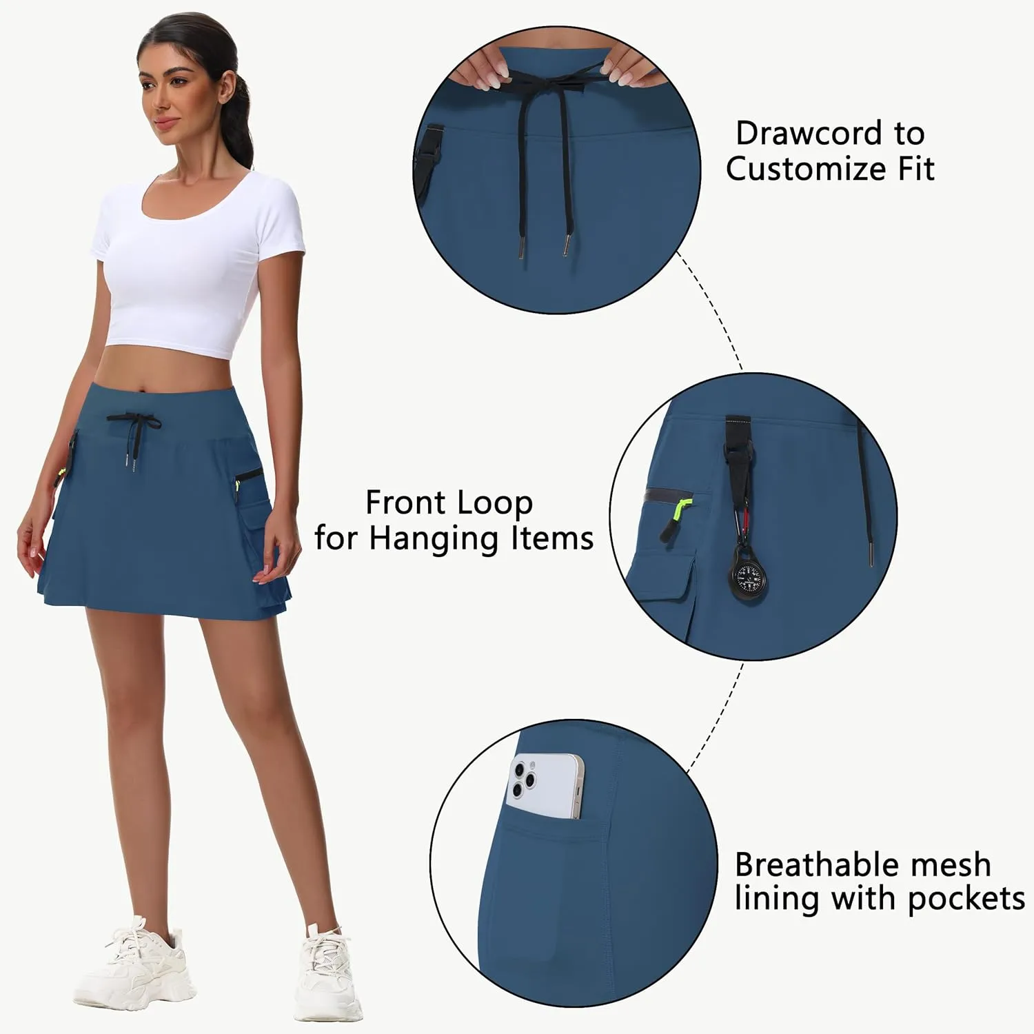 JWM Women's Hiking Cargo Skort Skirt High Waisted Golf Workout with Zipper Pockets Tummy Control Quick Dry Water Resistant