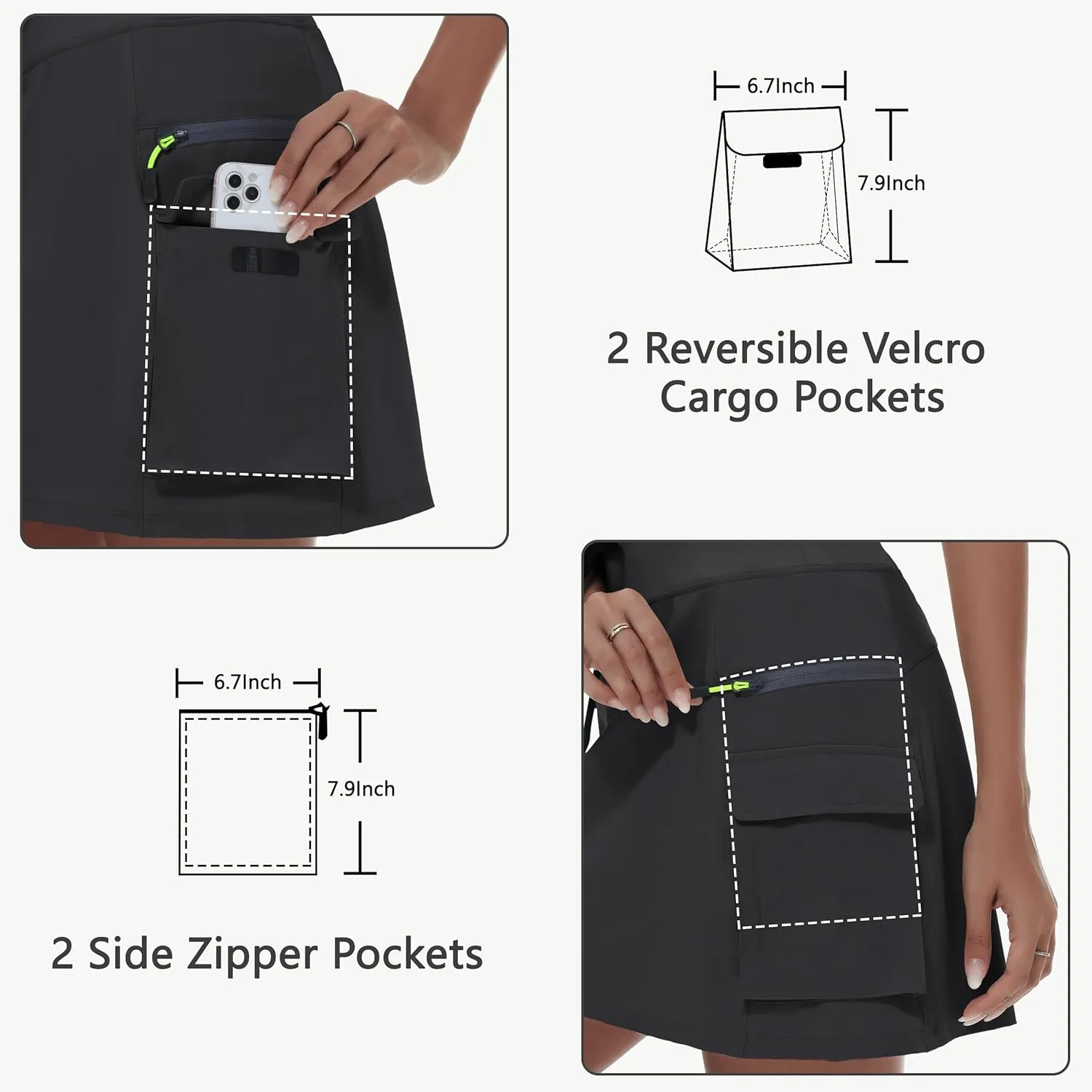 JWM Women's Hiking Cargo Skort Skirt High Waisted Golf Workout with Zipper Pockets Tummy Control Quick Dry Water Resistant