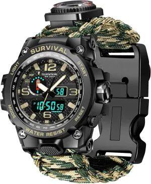 Kavie 23-in-1 Military Tactical Watch for Men, Multifunctional Outdoors Waterproof Survival Watches with Compass Whistle Fire Starter and Thermometer, Paracord Watch Bracelets with Outdoor Army Gear