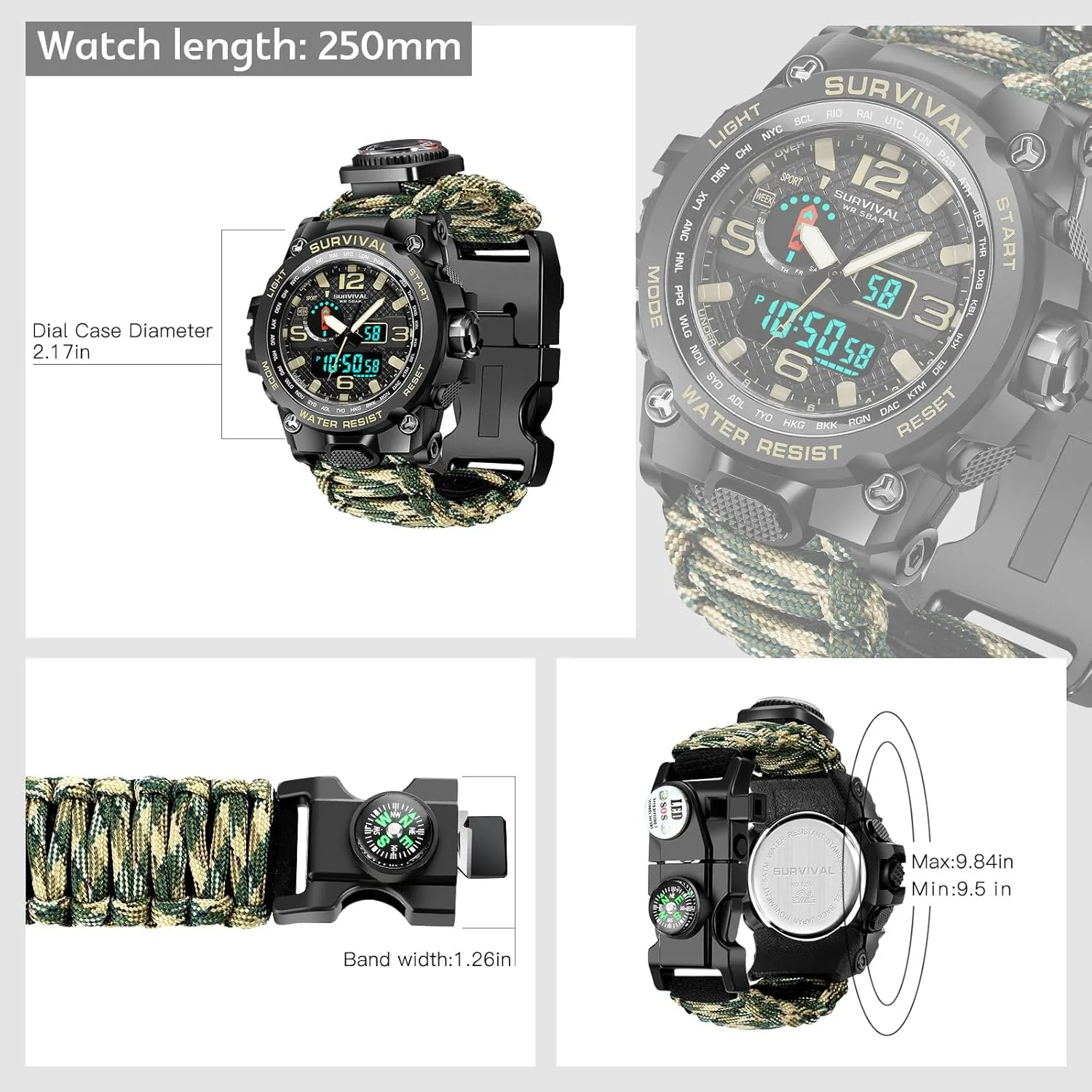 Kavie 23-in-1 Military Tactical Watch for Men, Multifunctional Outdoors Waterproof Survival Watches with Compass Whistle Fire Starter and Thermometer, Paracord Watch Bracelets with Outdoor Army Gear