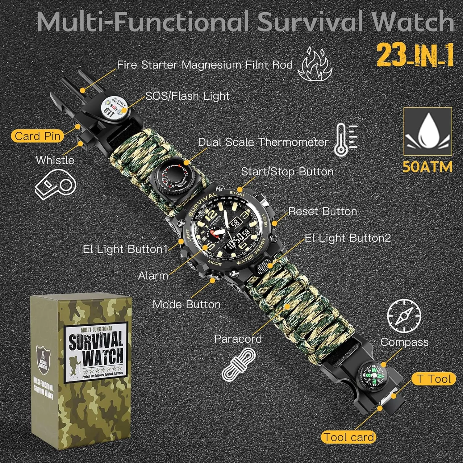 Kavie 23-in-1 Military Tactical Watch for Men, Multifunctional Outdoors Waterproof Survival Watches with Compass Whistle Fire Starter and Thermometer, Paracord Watch Bracelets with Outdoor Army Gear