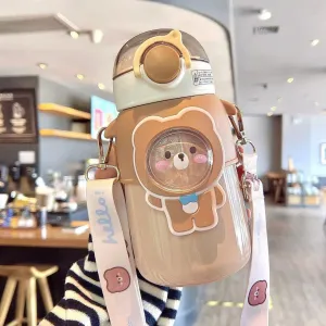 Kawaii Water Bottles with Strap 20oz BPA-Free Cute Stainless Steel Water Bottles Leak-Proof Sports Water Jug with Straw for School Girls Outdoor(Brown)