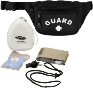 Kemp USA Lifeguard Essentials Hip Pack - Includes CPR Face Mask, Foil Mylar Blanket, Bengal 60 Whistle, Break-a-way Safety Lanyard, Gloves, Hand Sanitizer - Durable Tear-Resistant Nylon - Black