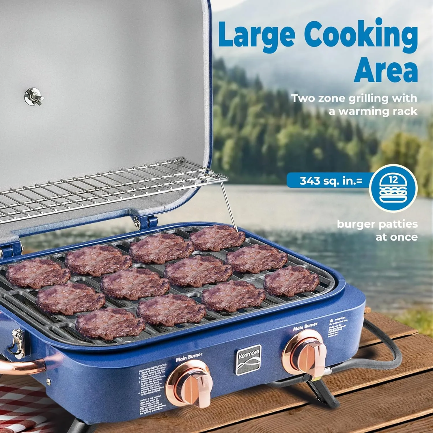 Kenmore Portable Propane Gas Grill - Tabletop BBQ Grill with Warming Rack, 2 Stainless Steel Burners with 14,000 BTUs, for Outdoor Kitchen, Camping, Navy & Copper