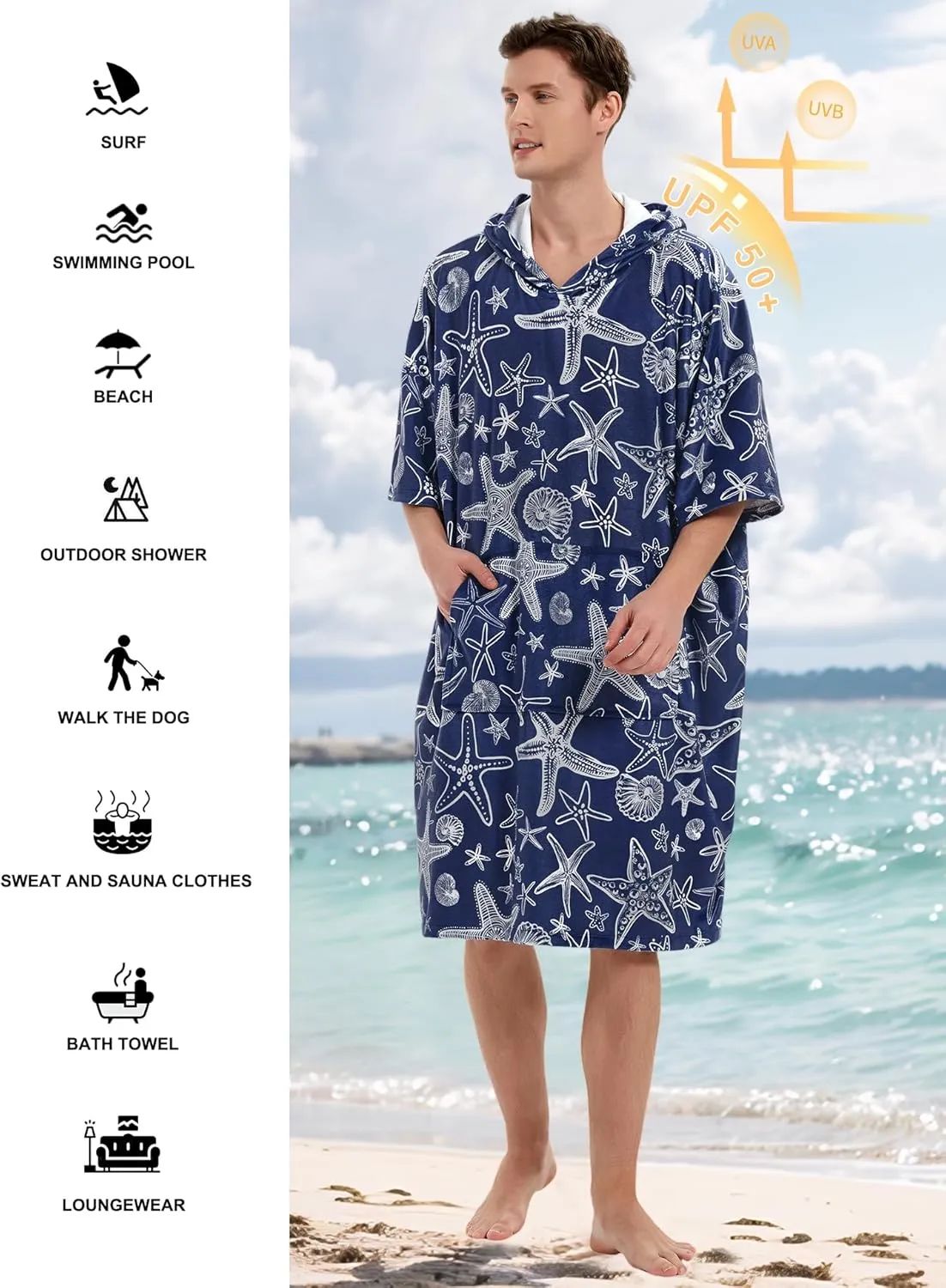 KFUBUO Surf Poncho Mens Towel Robe with Hood Changing Towel Poncho Adult Terry Cloth Swim Towels Quick Dry for Swimmers