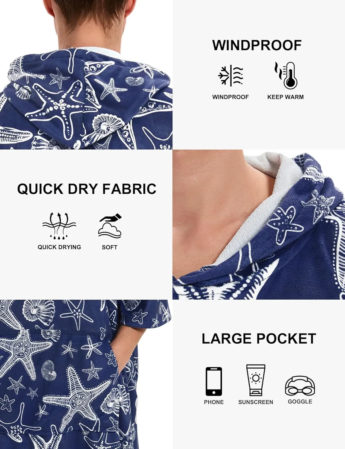 KFUBUO Surf Poncho Mens Towel Robe with Hood Changing Towel Poncho Adult Terry Cloth Swim Towels Quick Dry for Swimmers