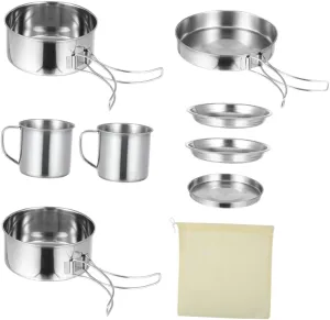 KICHOUSE Hiking Cookware Kit 8pc Stainless Steel Set Camping Cup Compact Easy to Clean for Outdoor Activities