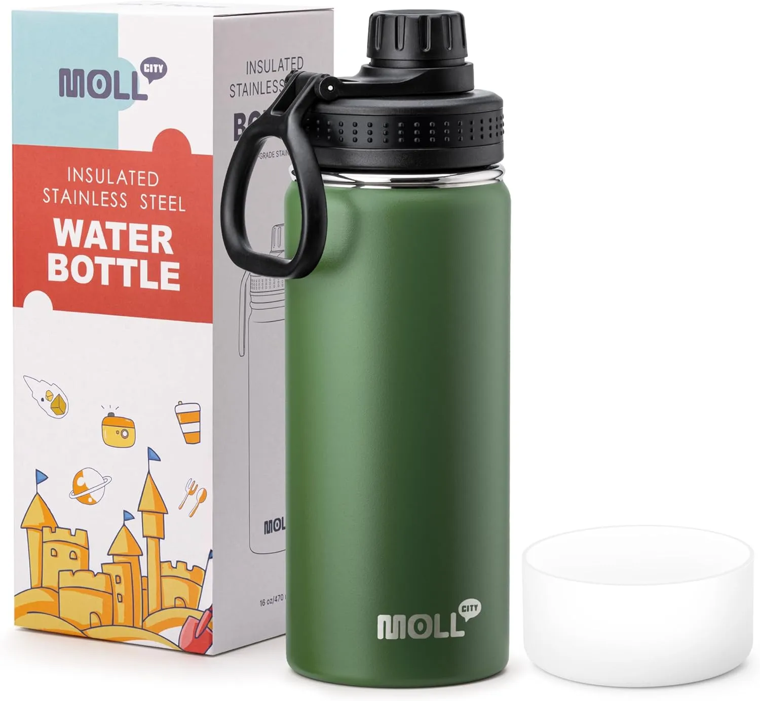 Kids Water Bottle for School 16 oz Stainless Steel Double Wall Vacuum Insulated Sports Water Bottle Leak Proof-Reusable Metal Flask with Silicone Boot for Travel, BPA-Free(Grass Green)