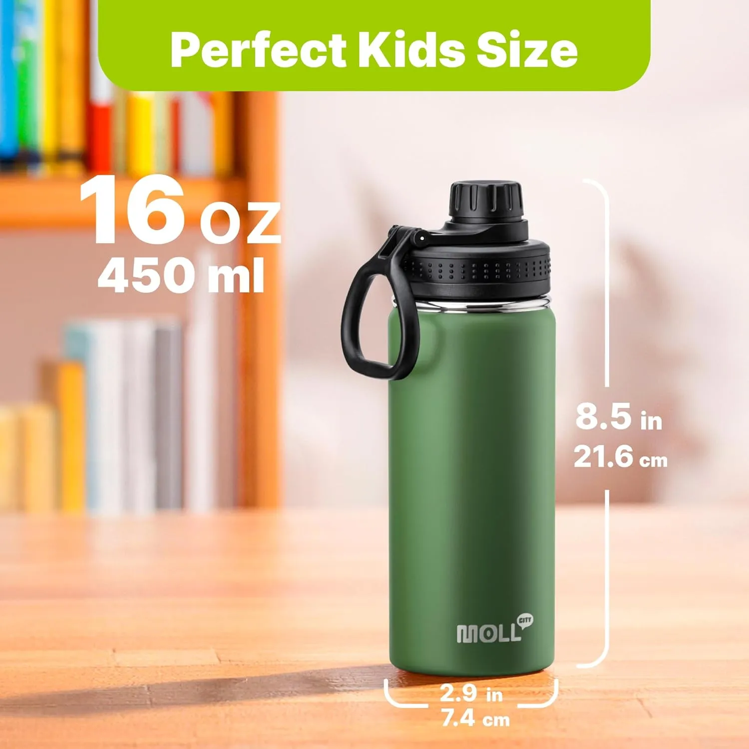 Kids Water Bottle for School 16 oz Stainless Steel Double Wall Vacuum Insulated Sports Water Bottle Leak Proof-Reusable Metal Flask with Silicone Boot for Travel, BPA-Free(Grass Green)