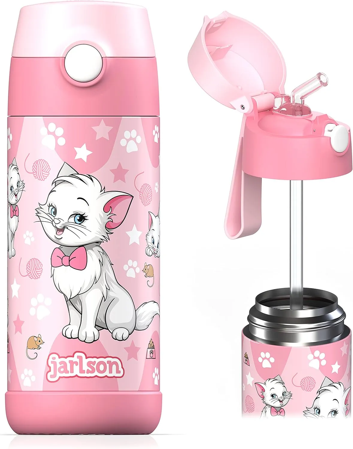 kids water bottle with straw - CHARLI - insulated stainless steel water bottle - thermos - girls/boys (Cat 'Star', 12 oz)