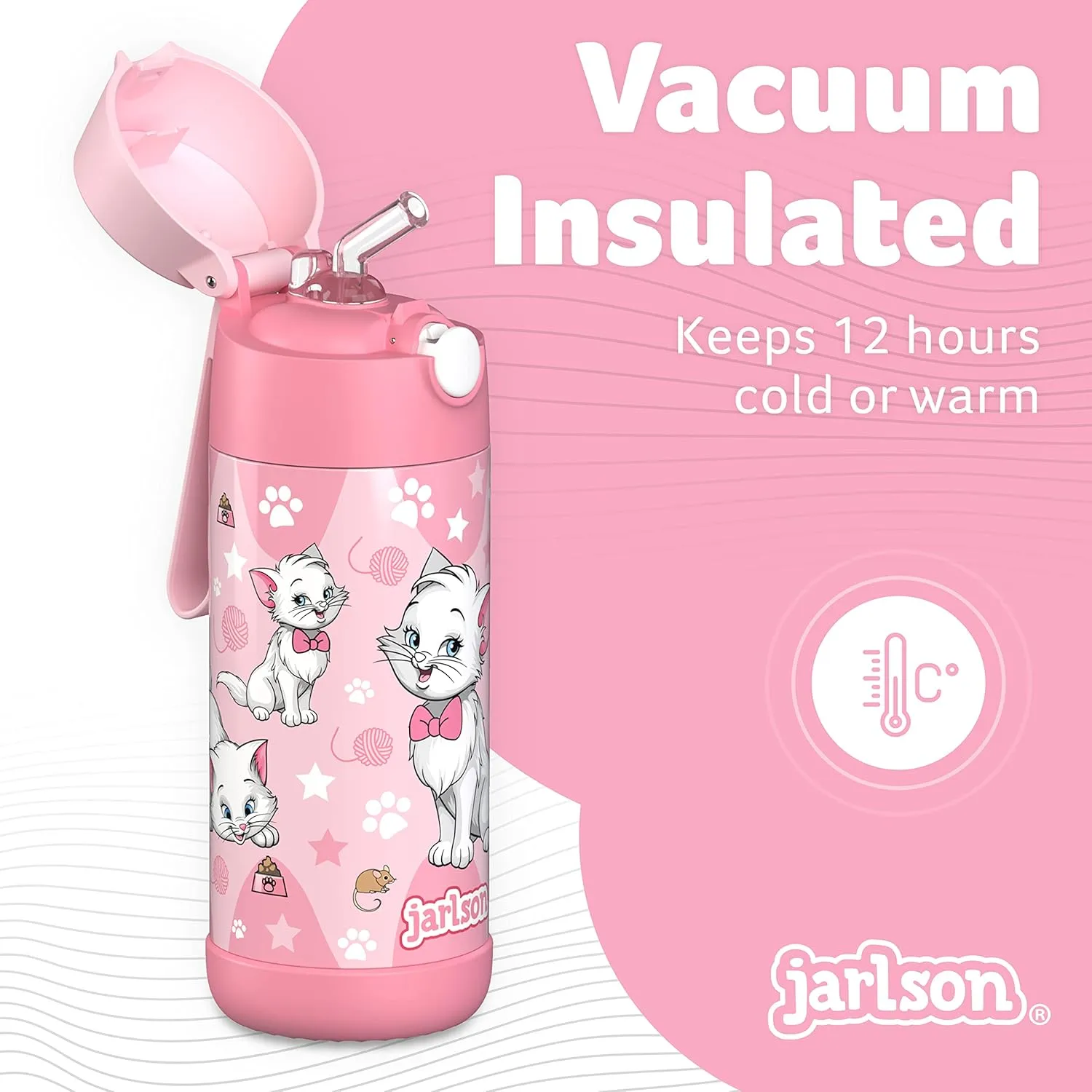 kids water bottle with straw - CHARLI - insulated stainless steel water bottle - thermos - girls/boys (Cat 'Star', 12 oz)