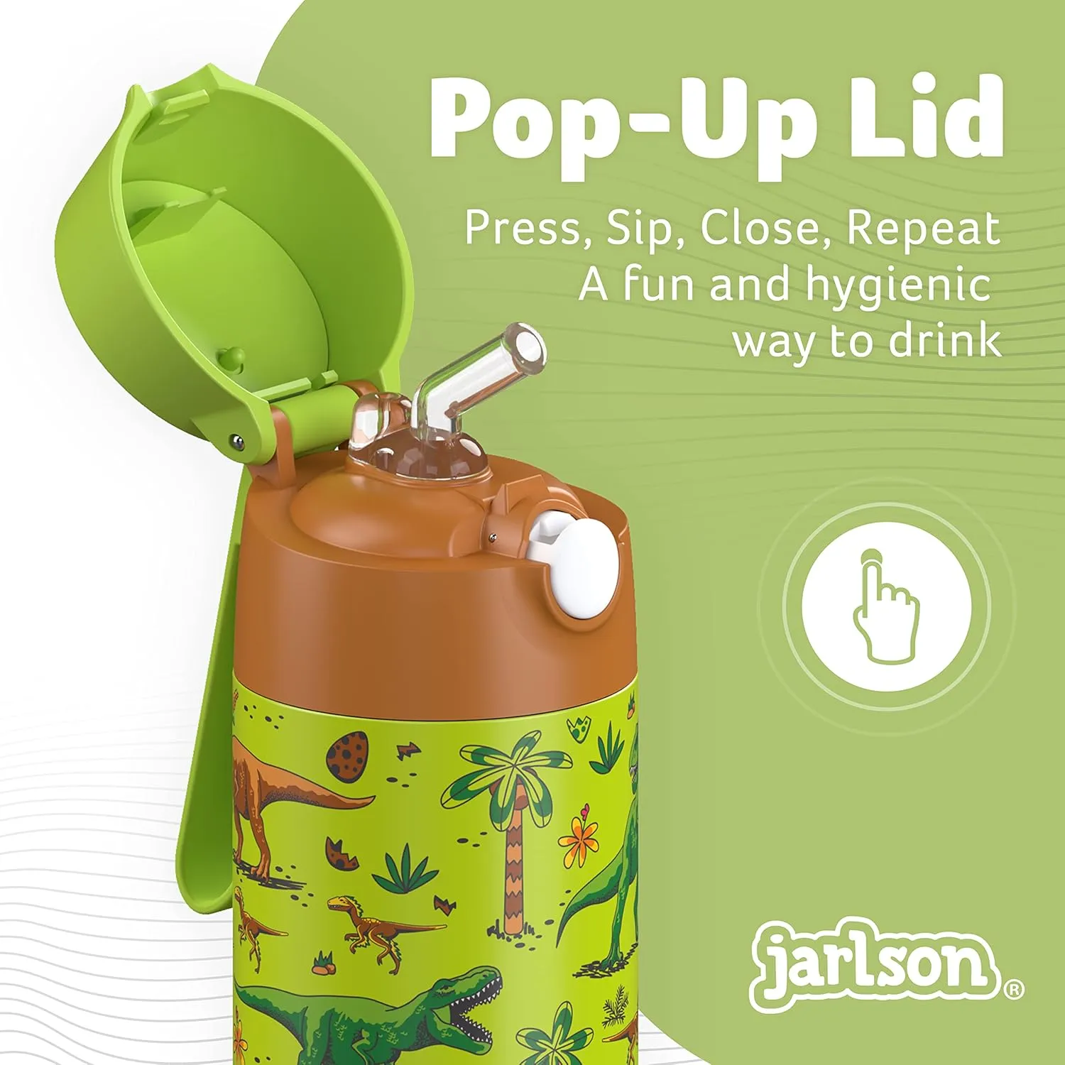 kids water bottle with straw - CHARLI - insulated stainless steel water bottle - thermos - girls/boys (Dinosaur 'Mosaic', 18 oz)