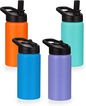 Kids Water Bottle with Straw Lid & Handle 4 Pack, 16oz Stainless Steel Water Bottles Bulk, Dishwasher Safe & Leakproof, Reusable Gift for Girls Boys to School Sports Travel Camping, Mixed Color Set