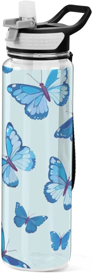 Kigai Transparent Sports Water Bottle 32oz, Blue Butterflies Leakproof Wide Mouth Water Bottle with Straw, BPA Free Water Jug with Detachable Strap & Handle for Fitness Gym Outdoor