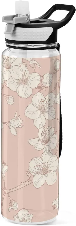 Kigai Transparent Sports Water Bottle 32oz, Cherry Blossoms Leakproof Wide Mouth Water Bottle with Straw, BPA Free Water Jug with Detachable Strap & Handle for Fitness Gym Outdoor