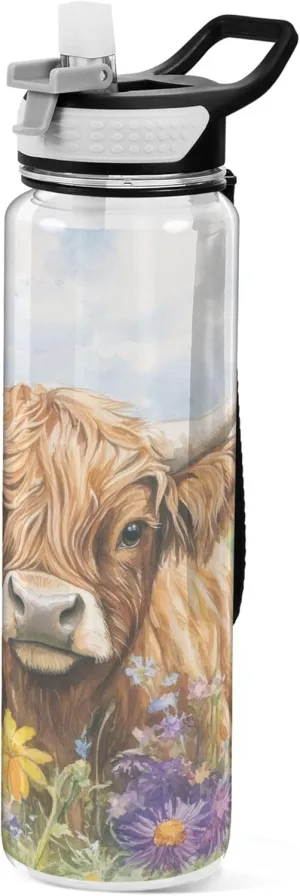 Kigai Transparent Sports Water Bottle 32oz, Cow in Flowers Butterfly Leakproof Wide Mouth Water Bottle with Straw, BPA Free Water Jug with Detachable Strap & Handle for Fitness Gym Outdoor