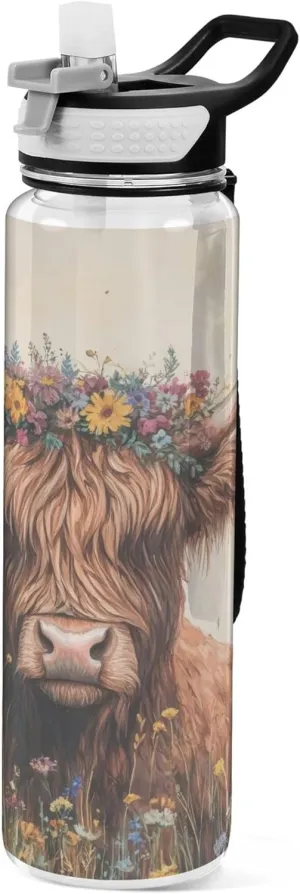 Kigai Transparent Sports Water Bottle 32oz, Cute Cow Flowers Leakproof Wide Mouth Water Bottle with Straw, BPA Free Water Jug with Detachable Strap & Handle for Fitness Gym Outdoor