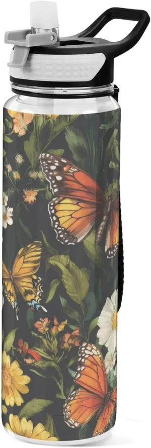 Kigai Transparent Sports Water Bottle 32oz, Flowers Butterfly Leakproof Wide Mouth Water Bottle with Straw, BPA Free Water Jug with Detachable Strap & Handle for Fitness Gym Outdoor