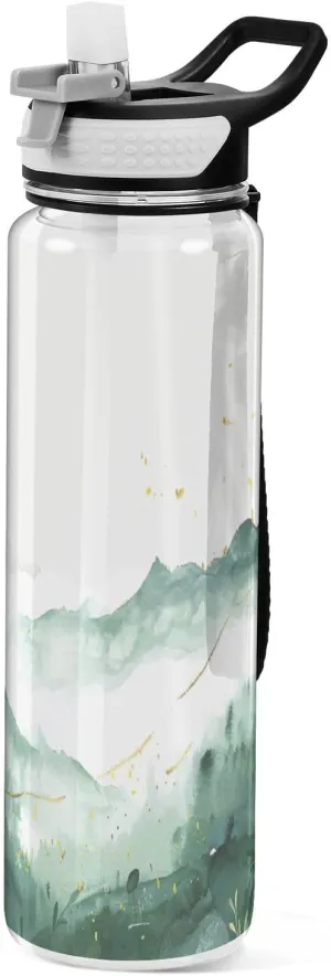 Kigai Transparent Sports Water Bottle 32oz, Green Mountain Leakproof Wide Mouth Water Bottle with Straw, BPA Free Water Jug with Detachable Strap & Handle for Fitness Gym Outdoor