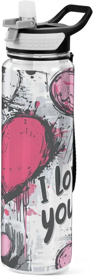 Kigai Transparent Sports Water Bottle 32oz, Ink Splashes Hearts Leakproof Wide Mouth Water Bottle with Straw, BPA Free Water Jug with Detachable Strap & Handle for Fitness Gym Outdoor