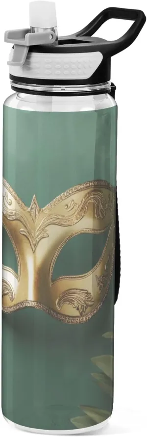 Kigai Transparent Sports Water Bottle 32oz, Mardi Gras Gold Mask Leakproof Wide Mouth Water Bottle with Straw, BPA Free Water Jug with Detachable Strap & Handle for Fitness Gym Outdoor
