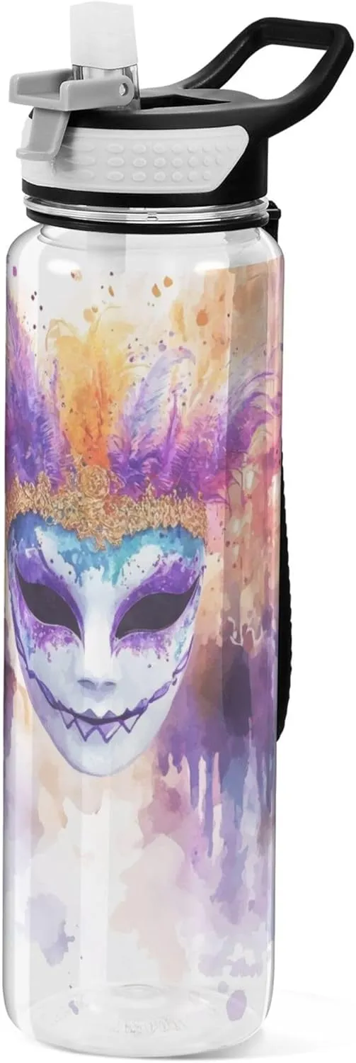 Kigai Transparent Sports Water Bottle 32oz, Mardi Gras Watercolor Mask Leakproof Wide Mouth Water Bottle with Straw, BPA Free Water Jug with Detachable Strap & Handle for Fitness Gym Outdoor