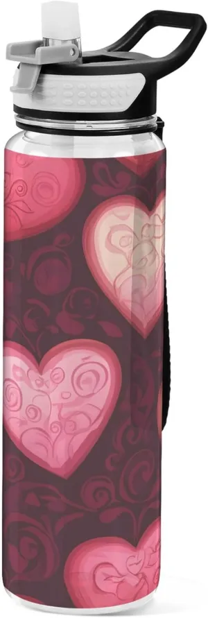Kigai Transparent Sports Water Bottle 32oz, Pink Red Hearts Leakproof Wide Mouth Water Bottle with Straw, BPA Free Water Jug with Detachable Strap & Handle for Fitness Gym Outdoor