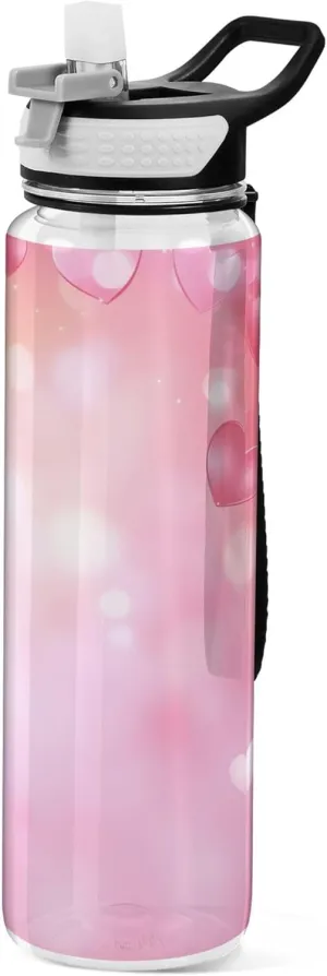 Kigai Transparent Sports Water Bottle 32oz, Pink Valentine Hearts Leakproof Wide Mouth Water Bottle with Straw, BPA Free Water Jug with Detachable Strap & Handle for Fitness Gym Outdoor