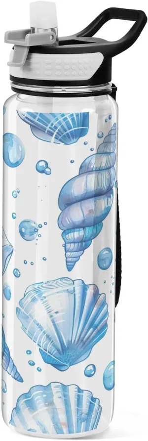 Kigai Transparent Sports Water Bottle 32oz, Seashells Leakproof Wide Mouth Water Bottle with Straw, BPA Free Water Jug with Detachable Strap & Handle for Fitness Gym Outdoor