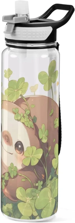 Kigai Transparent Sports Water Bottle 32oz, Sloth Clover Leakproof Wide Mouth Water Bottle with Straw, BPA Free Water Jug with Detachable Strap & Handle for Fitness Gym Outdoor