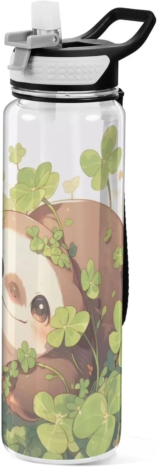 Kigai Transparent Sports Water Bottle 32oz, Sloth Clover Leakproof Wide Mouth Water Bottle with Straw, BPA Free Water Jug with Detachable Strap & Handle for Fitness Gym Outdoor