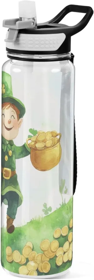 Kigai Transparent Sports Water Bottle 32oz, St. Patrick Gnome Leakproof Wide Mouth Water Bottle with Straw, BPA Free Water Jug with Detachable Strap & Handle for Fitness Gym Outdoor