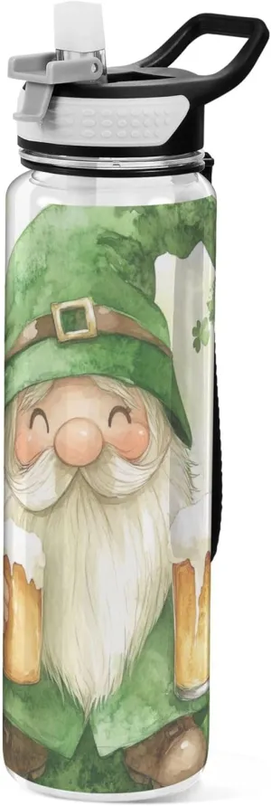 Kigai Transparent Sports Water Bottle 32oz, St. Patrick Gnomes Leakproof Wide Mouth Water Bottle with Straw, BPA Free Water Jug with Detachable Strap & Handle for Fitness Gym Outdoor