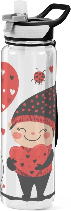 Kigai Transparent Sports Water Bottle 32oz, Valentine Gnome Leakproof Wide Mouth Water Bottle with Straw, BPA Free Water Jug with Detachable Strap & Handle for Fitness Gym Outdoor