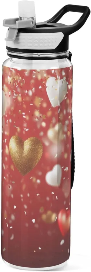 Kigai Transparent Sports Water Bottle 32oz, Valentine Heart Balloon Leakproof Wide Mouth Water Bottle with Straw, BPA Free Water Jug with Detachable Strap & Handle for Fitness Gym Outdoor