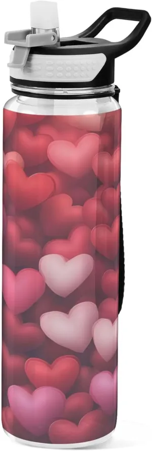 Kigai Transparent Sports Water Bottle 32oz, Valentine Hearts Leakproof Wide Mouth Water Bottle with Straw, BPA Free Water Jug with Detachable Strap & Handle for Fitness Gym Outdoor
