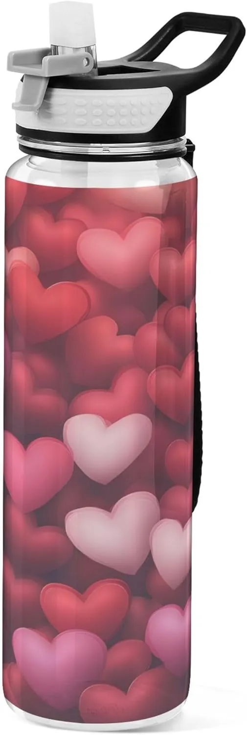 Kigai Transparent Sports Water Bottle 32oz, Valentine Hearts Leakproof Wide Mouth Water Bottle with Straw, BPA Free Water Jug with Detachable Strap & Handle for Fitness Gym Outdoor