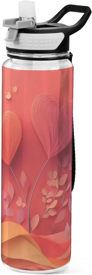 Kigai Transparent Sports Water Bottle 32oz, Valentine Hearts Leakproof Wide Mouth Water Bottle with Straw, BPA Free Water Jug with Detachable Strap & Handle for Fitness Gym Outdoor