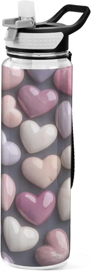 Kigai Transparent Sports Water Bottle 32oz, Valentine Stone Hearts Leakproof Wide Mouth Water Bottle with Straw, BPA Free Water Jug with Detachable Strap & Handle for Fitness Gym Outdoor