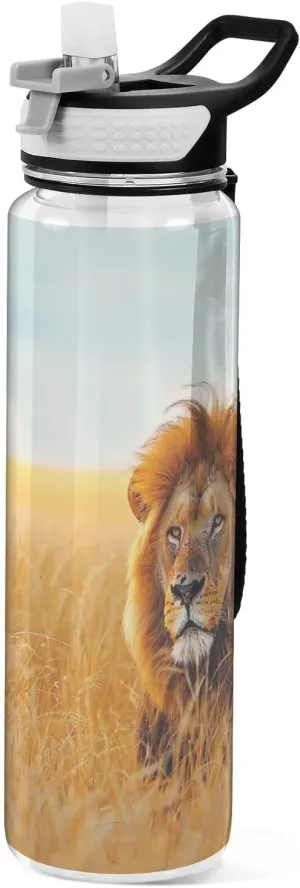 Kigai Transparent Sports Water Bottle 32oz, Wild Lion Leakproof Wide Mouth Water Bottle with Straw, BPA Free Water Jug with Detachable Strap & Handle for Fitness Gym Outdoor