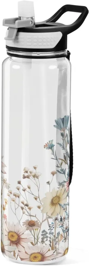 Kigai Transparent Sports Water Bottle 32oz, Wildflowers Leakproof Wide Mouth Water Bottle with Straw, BPA Free Water Jug with Detachable Strap & Handle for Fitness Gym Outdoor