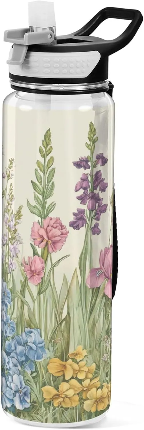 Kigai Transparent Sports Water Bottle 32oz, Wildflowers Leakproof Wide Mouth Water Bottle with Straw, BPA Free Water Jug with Detachable Strap & Handle for Fitness Gym Outdoor