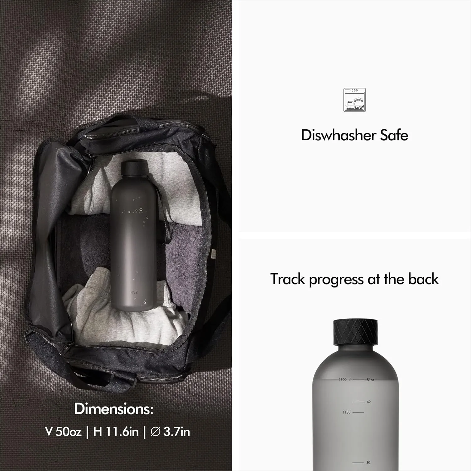 KIVY Large Water Bottle 50oz [Lightweight & Shatterproof] Fits Backpack & Cupholder for Travel, Sports, School - Black water bottle no straw - 1.5 Liter water bottles - 50oz Water bottle