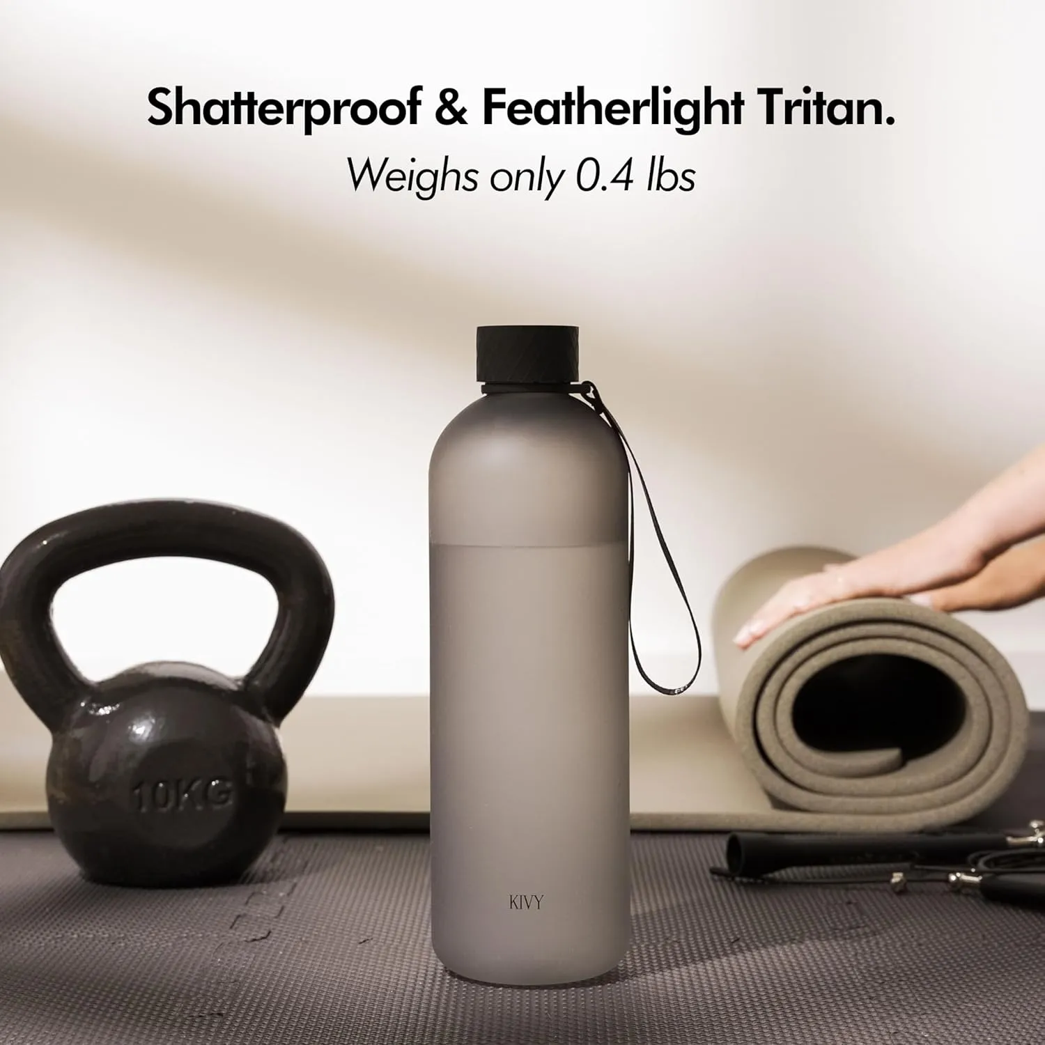 KIVY Large Water Bottle 50oz [Lightweight & Shatterproof] Fits Backpack & Cupholder for Travel, Sports, School - Black water bottle no straw - 1.5 Liter water bottles - 50oz Water bottle